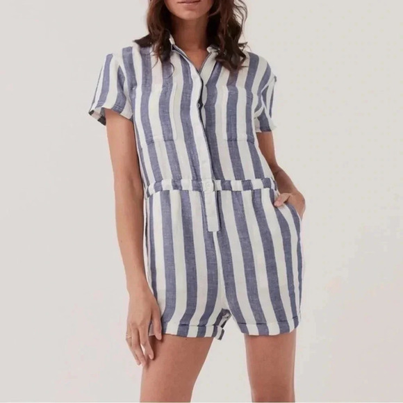 PACT Organic Cotton Blue Stripe Print shorts Romper size Medium NWT - Picture 1 of 11